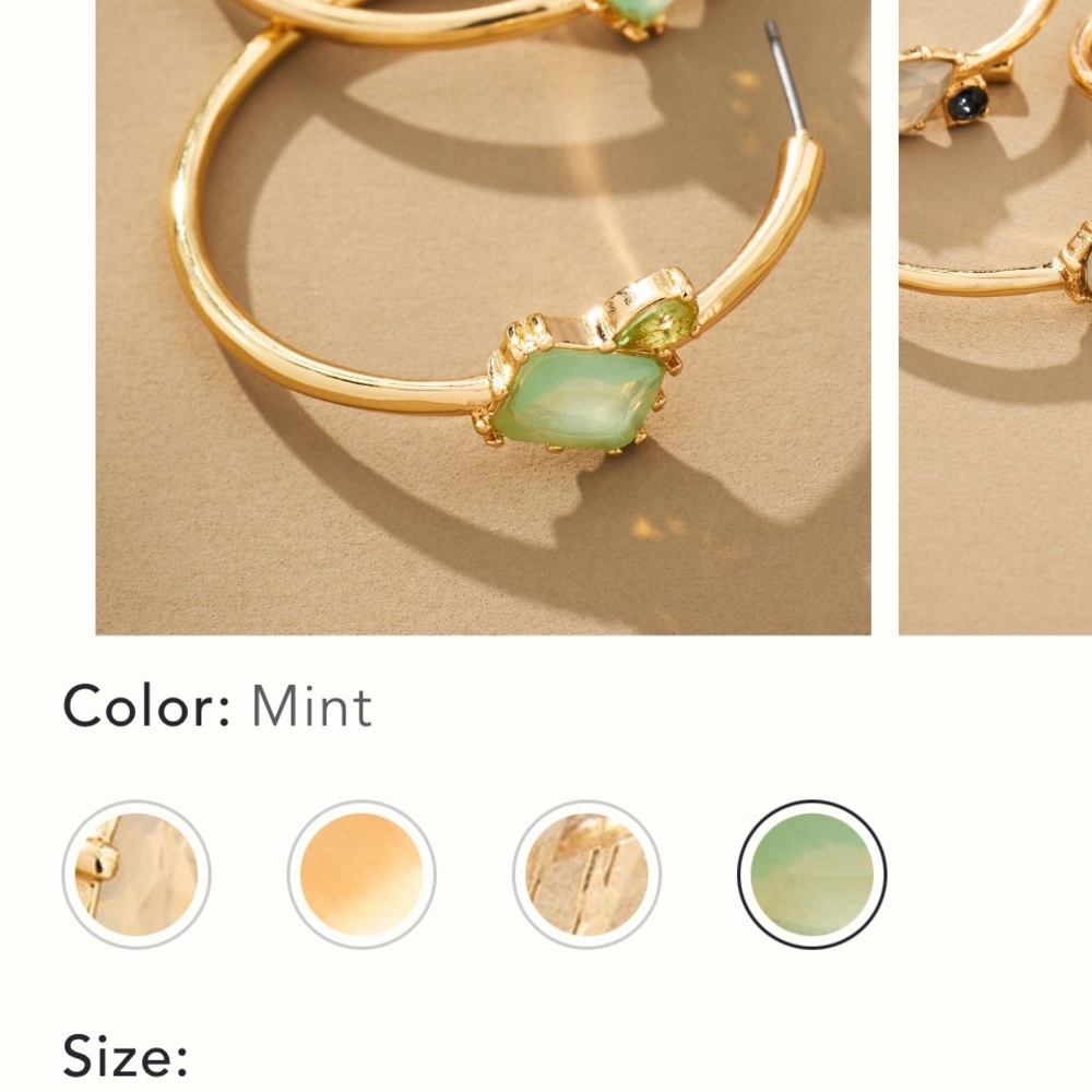 Anthropologie Mint Green Stone Gold Hoop Earrings Pale Green Stones - Picture 8 of 8